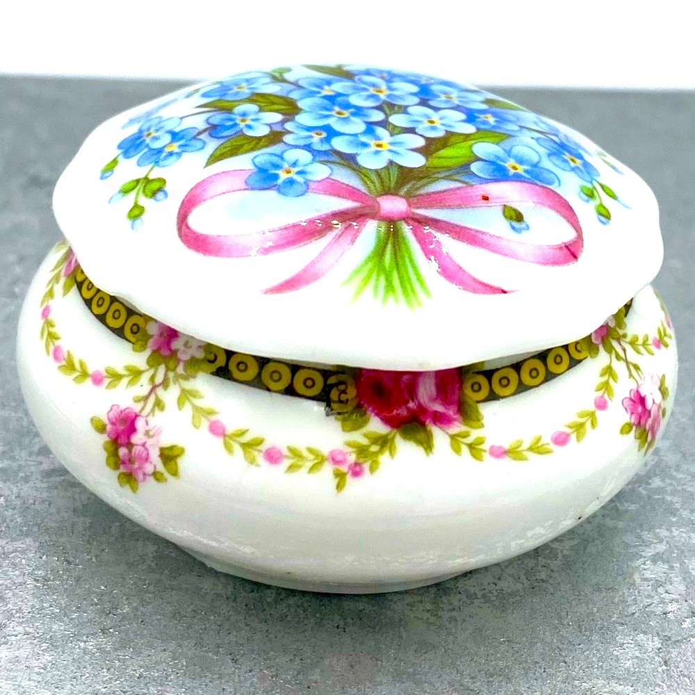 Vintage Floral Porcelain Trinket Box With A Floral Design Of Blue Forget Me Nots